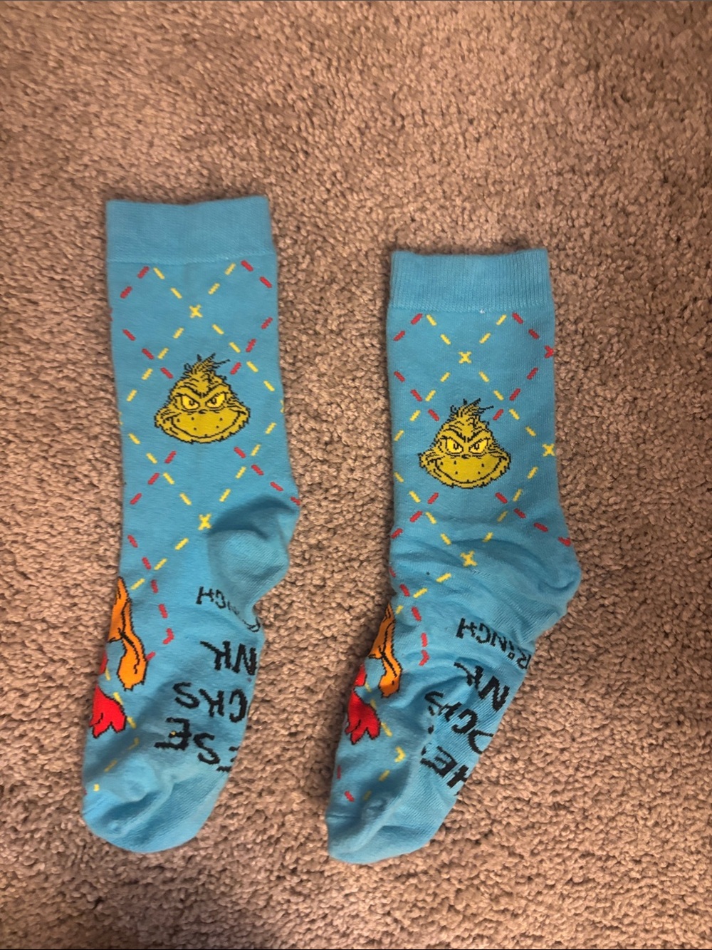 McDonald's Blue Novelty Crew Socks with Yellow Grinch Face and Red Accents